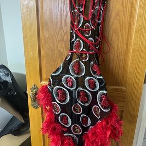 Red and Black Feathered Dress . This item is used worn once